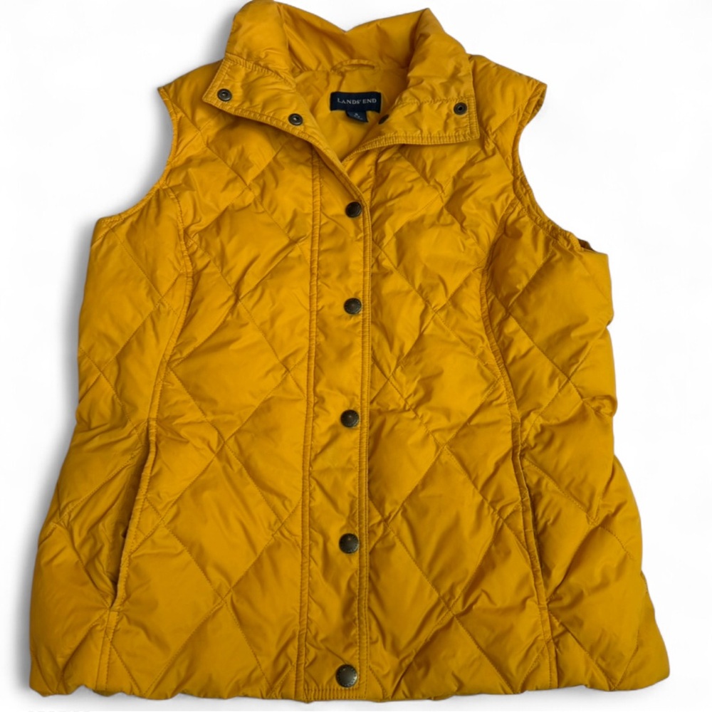 Lands' End Down Puffer Vest S Women's Snap Front Mustard Yellow